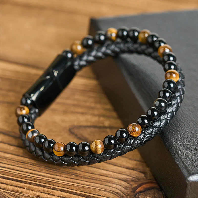 Bracciale di protezione in pelle, acciaio al titanio, onice nero, occhio di tigre Buddha Stones - Image 10