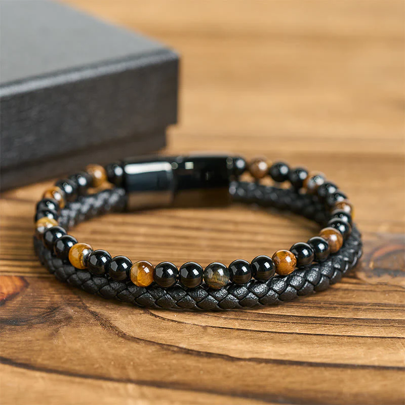 Bracciale di protezione in pelle, acciaio al titanio, onice nero, occhio di tigre Buddha Stones - Image 11