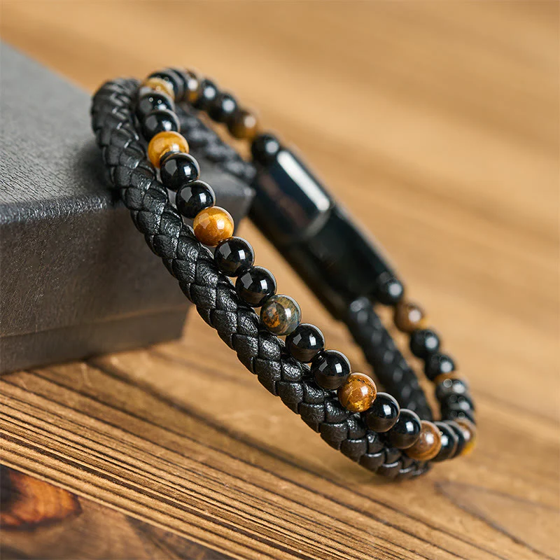 Bracciale di protezione in pelle, acciaio al titanio, onice nero, occhio di tigre Buddha Stones - Image 12