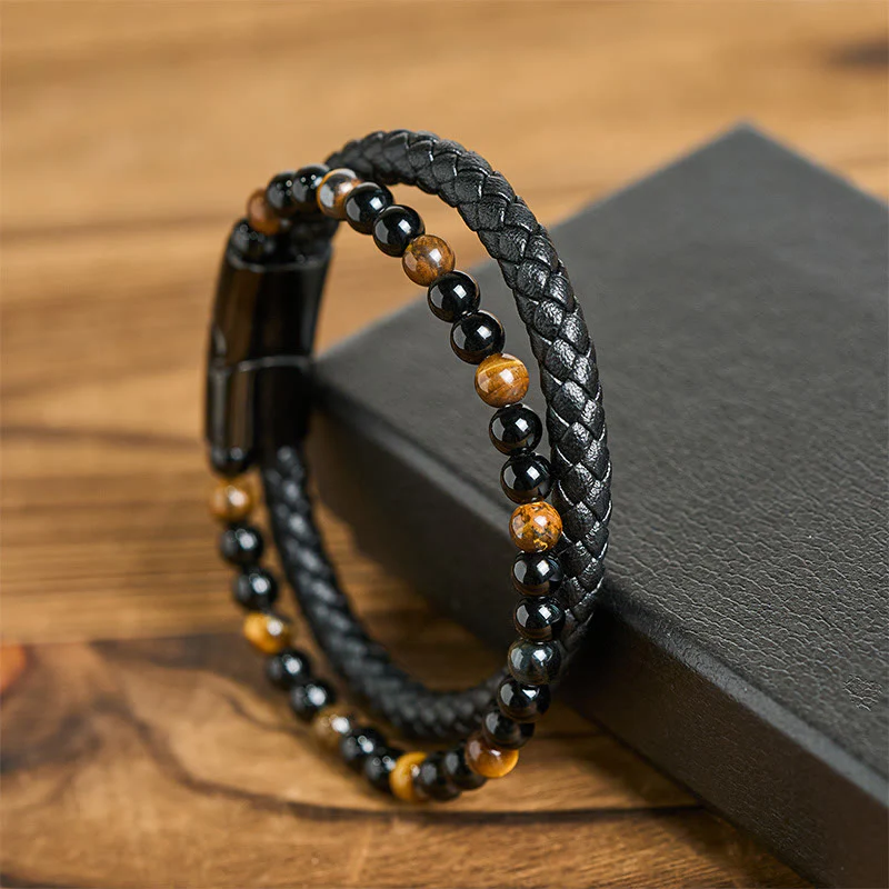 Bracciale di protezione in pelle, acciaio al titanio, onice nero, occhio di tigre Buddha Stones - Image 13