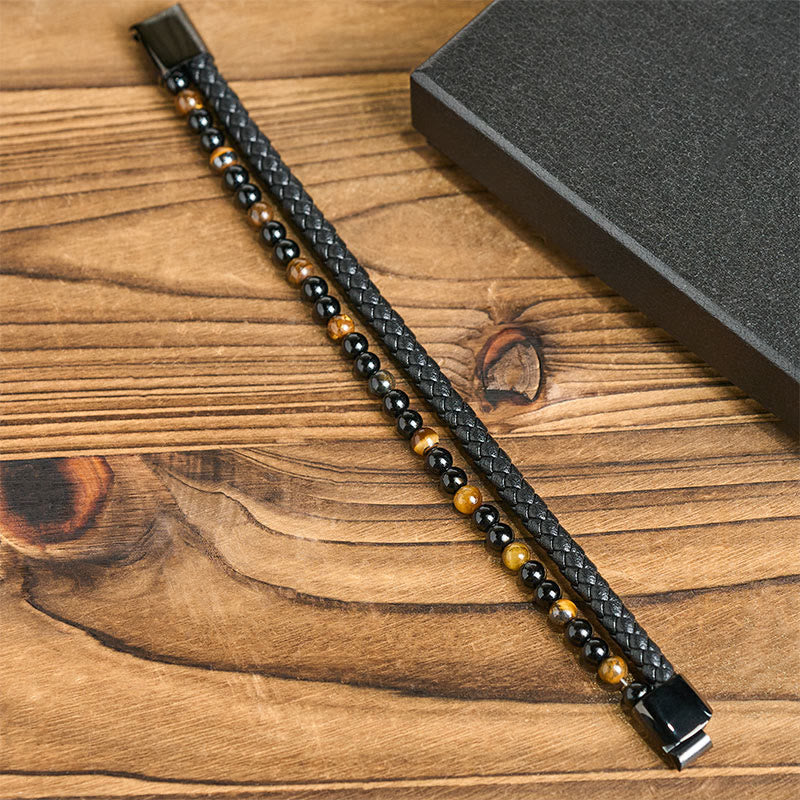Bracciale di protezione in pelle, acciaio al titanio, onice nero, occhio di tigre Buddha Stones - Image 14