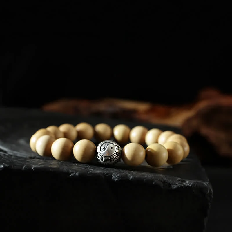 Bracciale di ricchezza e fortuna di legno di pesca del Tibet, loto, cinabro, Bagua Yin Yang - Image 11
