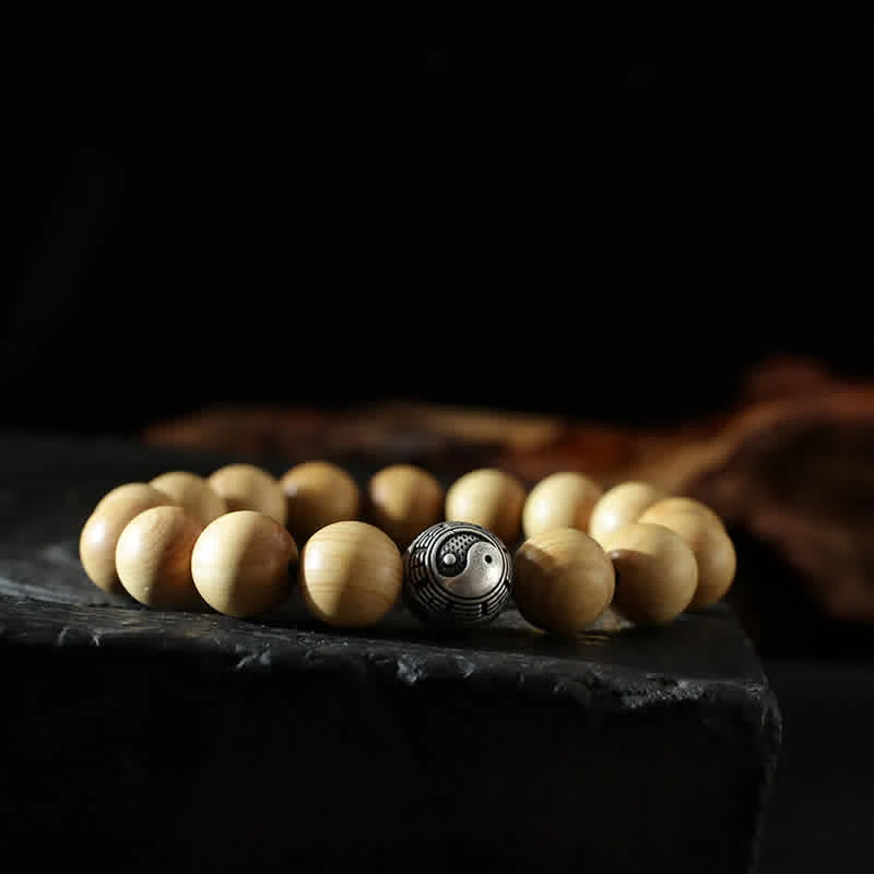 Bracciale di ricchezza e fortuna di legno di pesca del Tibet, loto, cinabro, Bagua Yin Yang - Image 13