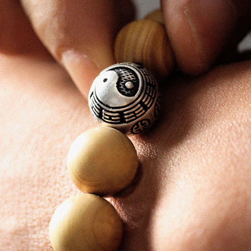 Bracciale di ricchezza e fortuna di legno di pesca del Tibet, loto, cinabro, Bagua Yin Yang - Image 4