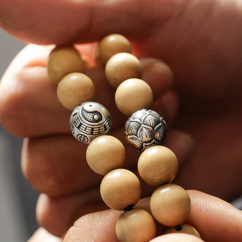 Bracciale di ricchezza e fortuna di legno di pesca del Tibet, loto, cinabro, Bagua Yin Yang - Image 6