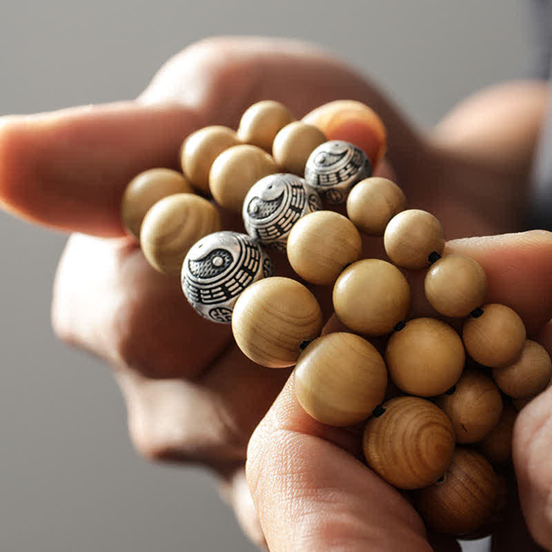 Bracciale di ricchezza e fortuna di legno di pesca del Tibet, loto, cinabro, Bagua Yin Yang - Image 7
