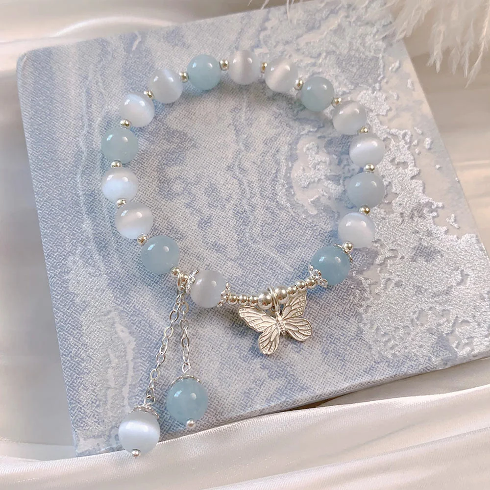 Bracciale di supporto con ciondolo a farfalla in acquamarina con occhio di gatto Buddha Stones - Image 2