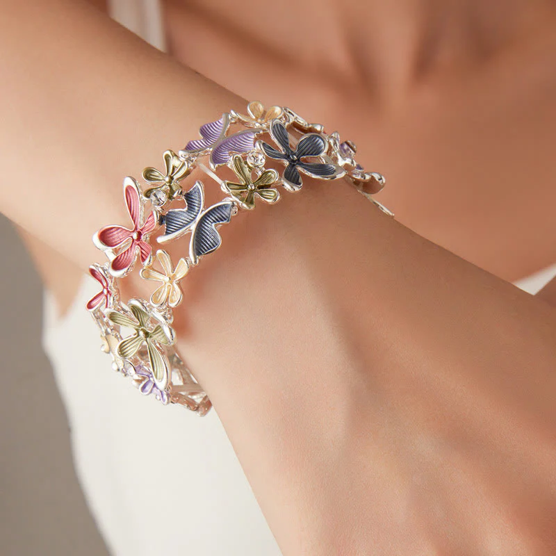 Bracciale elastico in lega con Buddha Stones, farfalle colorate e fiori - Image 4