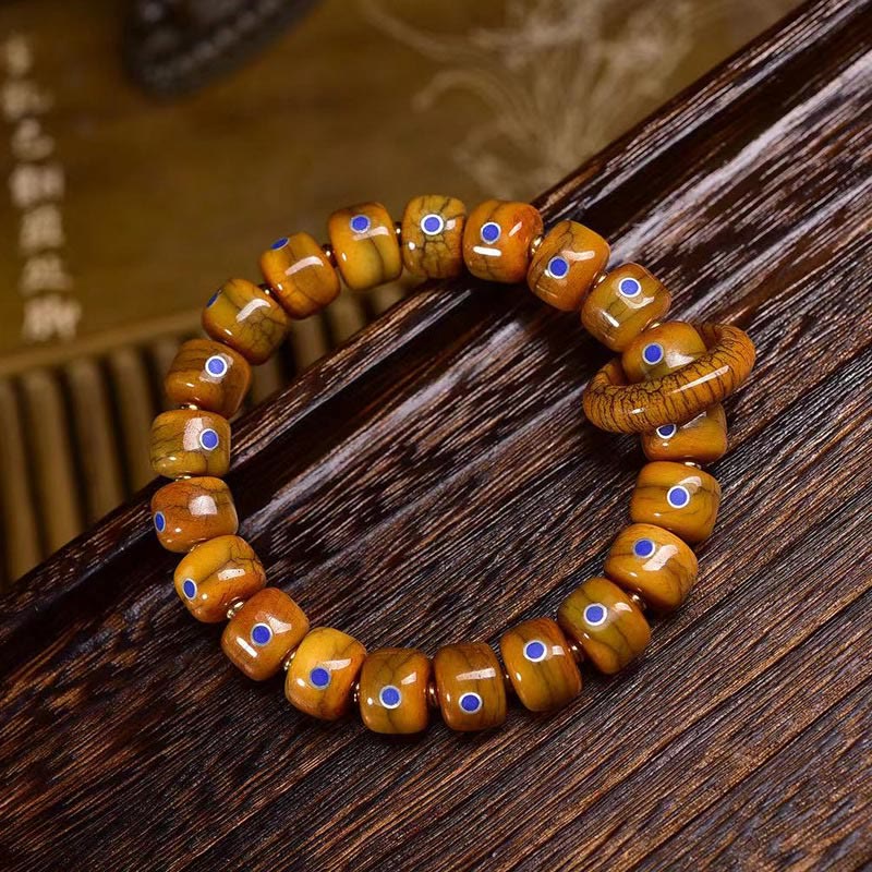 Braccialetto in corda intrecciata con perline d'osso tibetane vintage, lazurite e lapislazzuli Buddha Stones