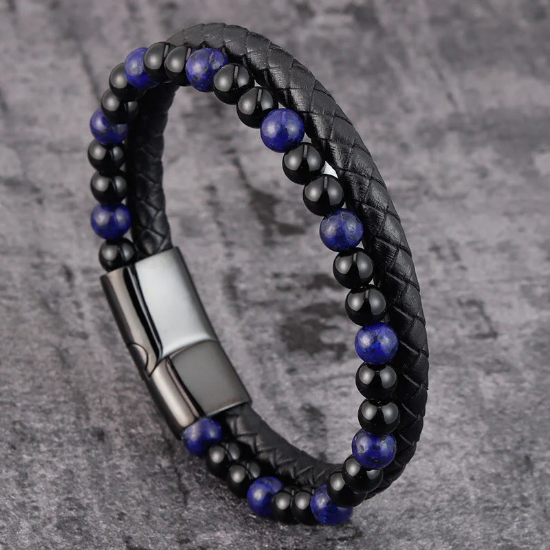 Bracciale in pelle Buddha Stones, onice nero, lazurite, lapislazzuli, acciaio al titanio e cura di sé positiva