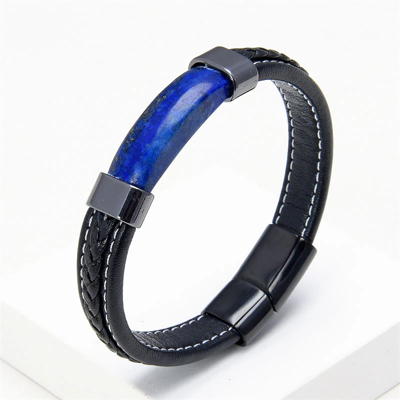 Bracciale in pelle con Buddha Stones, lazurite, lapislazzuli, occhio di tigre, rodonite, ematite, onice nero