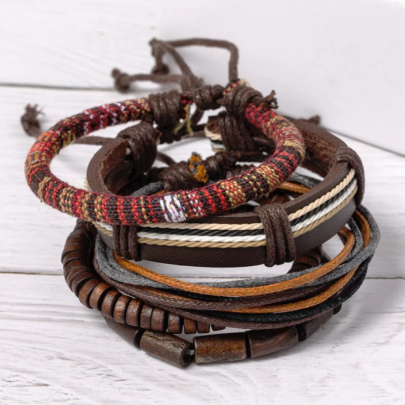 Bracciale in pelle con perline di legno e corde di canapa avvolte in Buddha Stones - Image 5