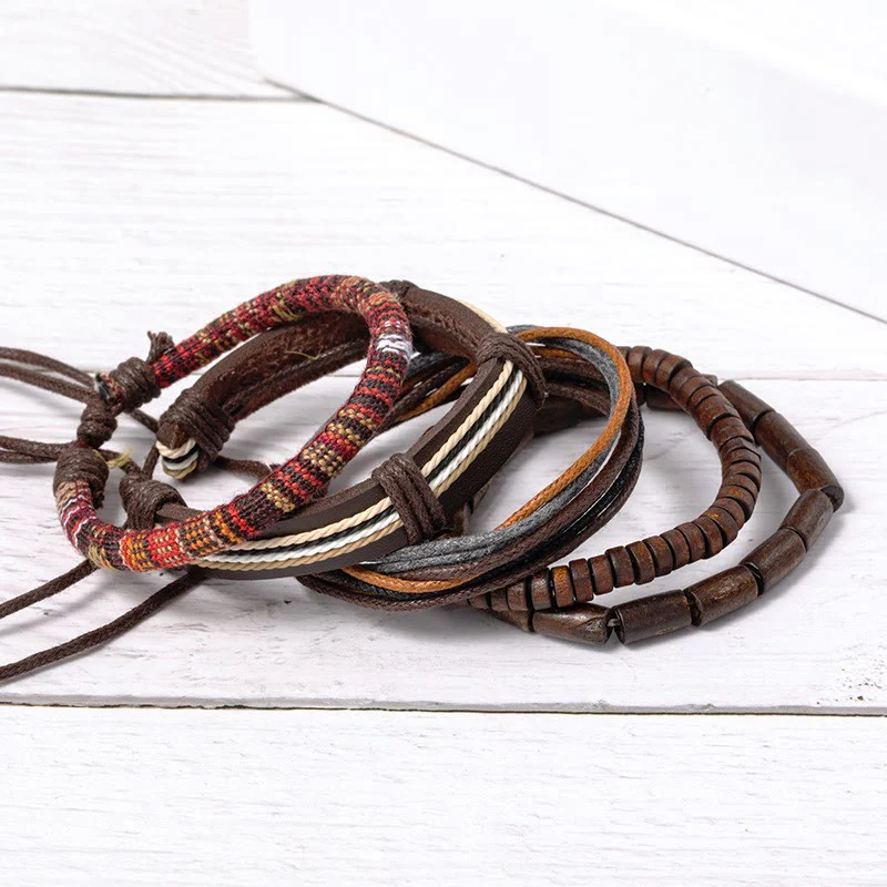 Bracciale in pelle con perline di legno e corde di canapa avvolte in Buddha Stones - Image 6