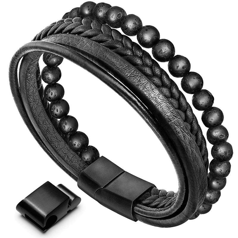 Bracciale in pelle con perline di onice nero e roccia lavica naturale Buddha Stones - Image 18
