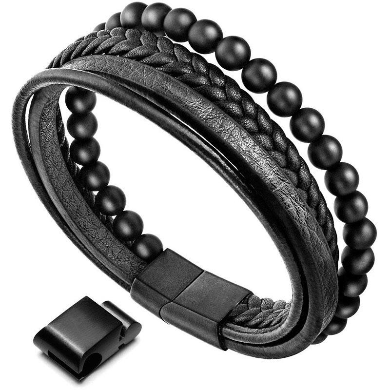 Bracciale in pelle con perline di onice nero e roccia lavica naturale Buddha Stones - Image 19