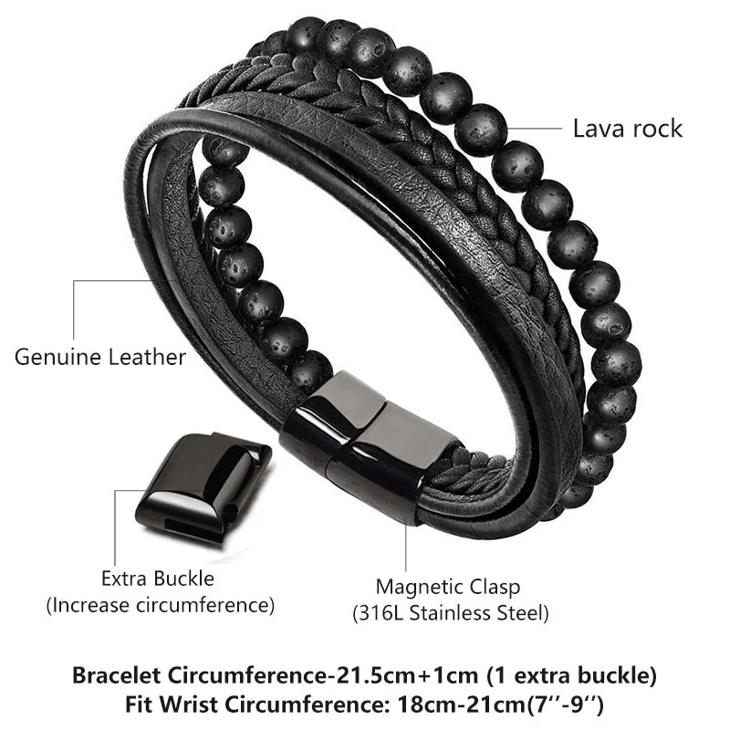 Bracciale in pelle con perline di onice nero e roccia lavica naturale Buddha Stones - Image 4