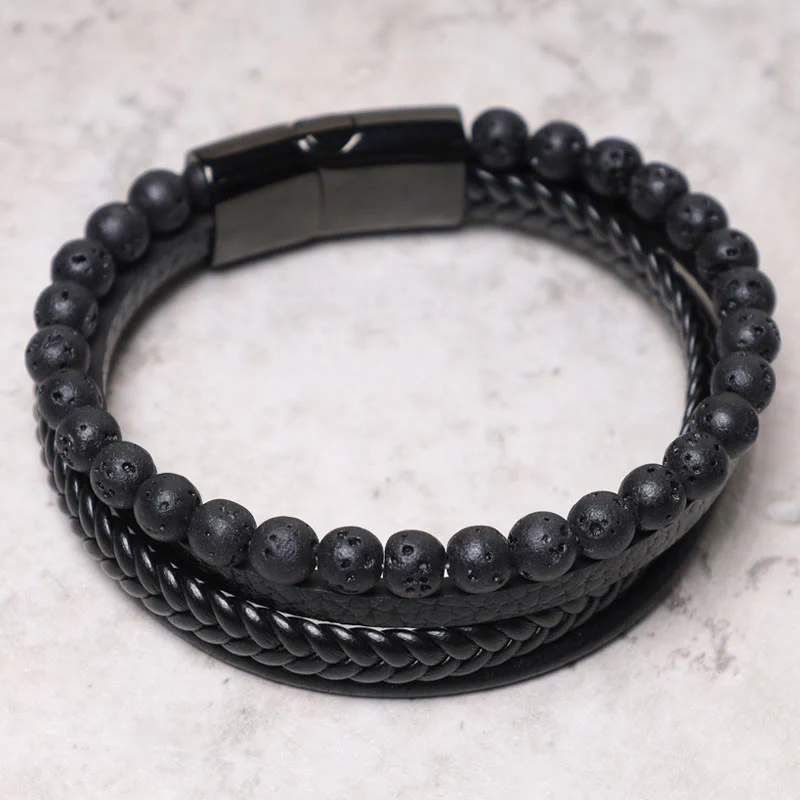 Bracciale in pelle con perline di onice nero e roccia lavica naturale Buddha Stones - Image 8