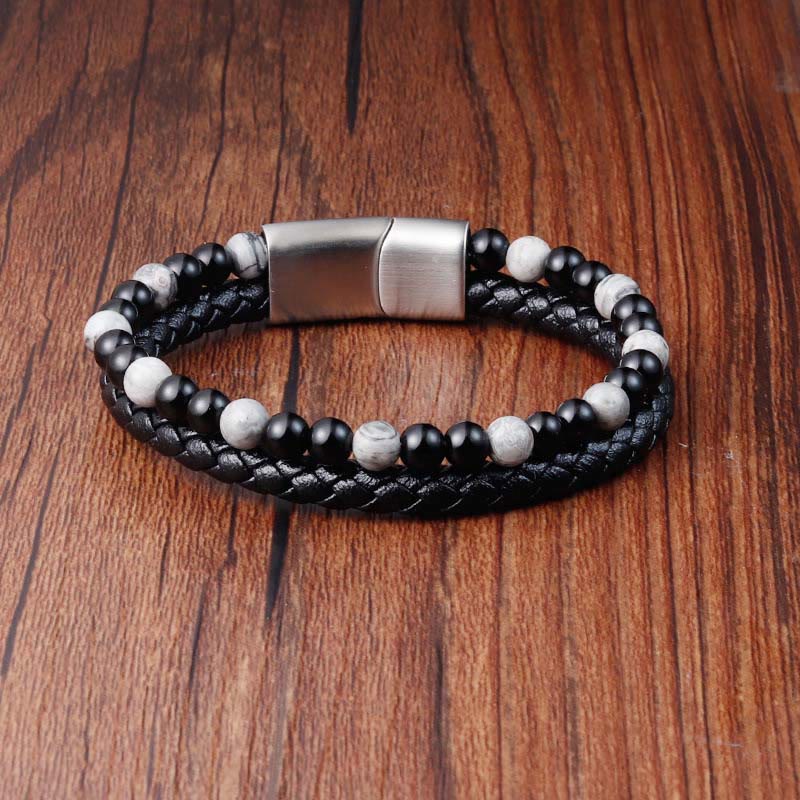Bracciale in pelle con stabilità in acciaio al titanio, onice nero, diaspro grigio Buddha Stones - Image 2