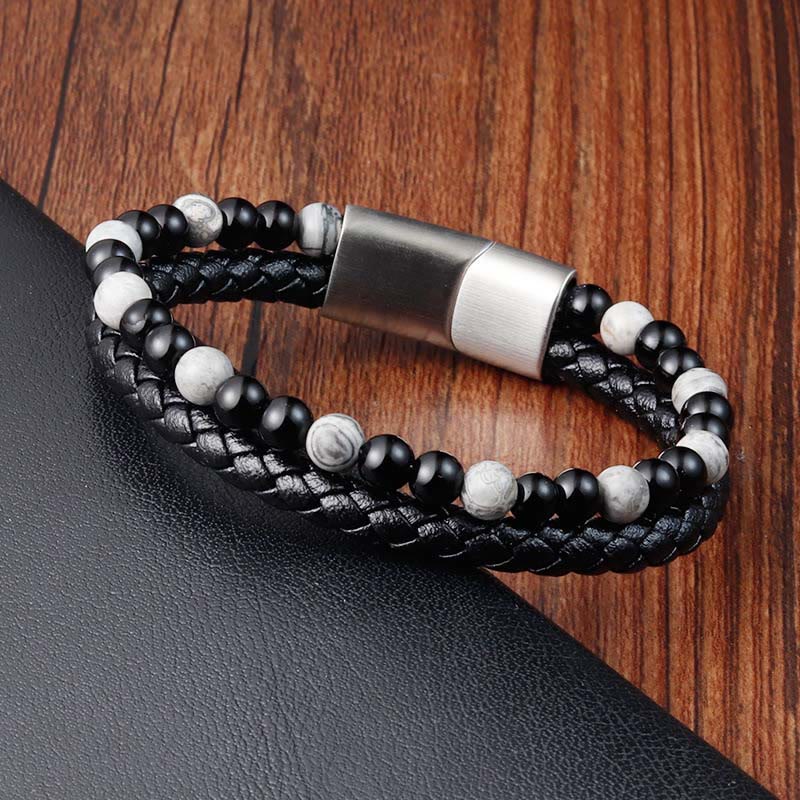 Bracciale in pelle con stabilità in acciaio al titanio, onice nero, diaspro grigio Buddha Stones - Image 3