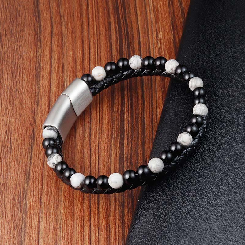Bracciale in pelle con stabilità in acciaio al titanio, onice nero, diaspro grigio Buddha Stones - Image 4