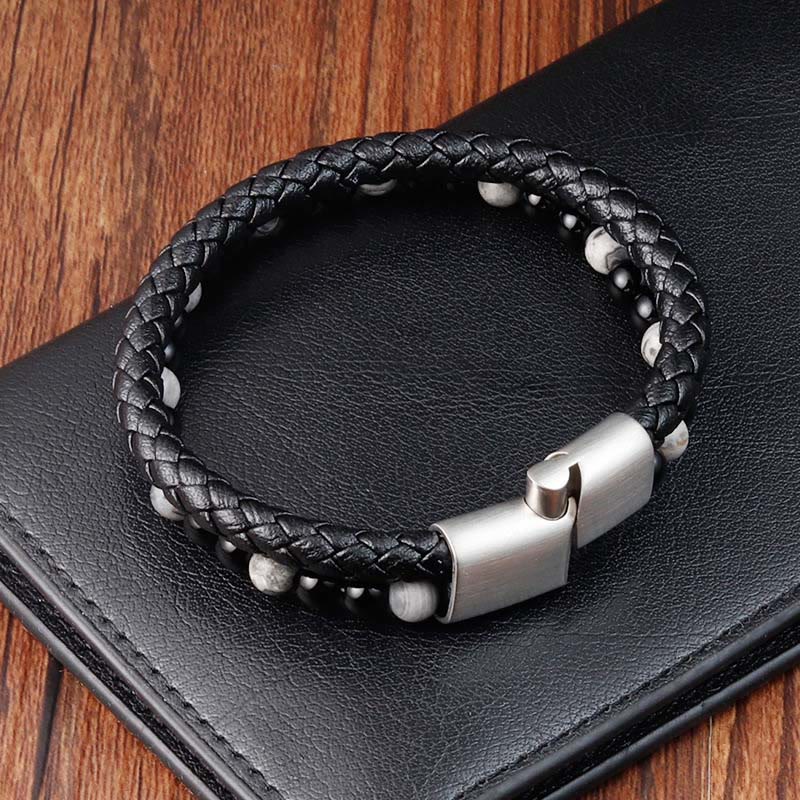 Bracciale in pelle con stabilità in acciaio al titanio, onice nero, diaspro grigio Buddha Stones - Image 5