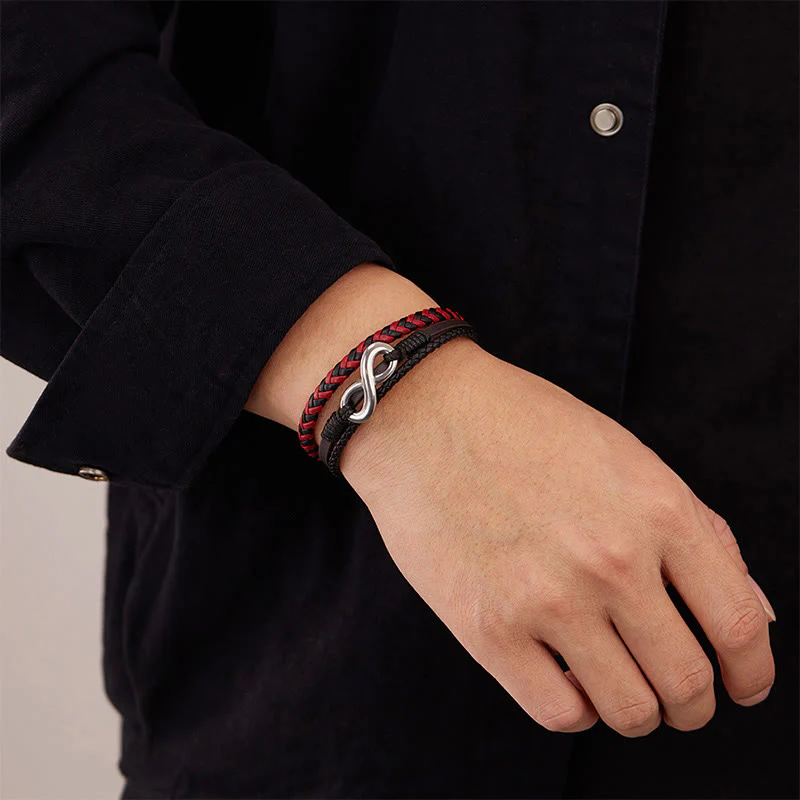 Bracciale in pelle intrecciata a tre strati con design Buddha Stones Infinitely in titanio e acciaio - Image 12