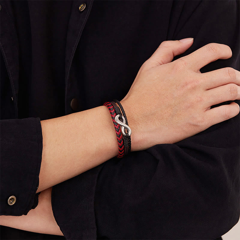 Bracciale in pelle intrecciata a tre strati con design Buddha Stones Infinitely in titanio e acciaio - Image 14