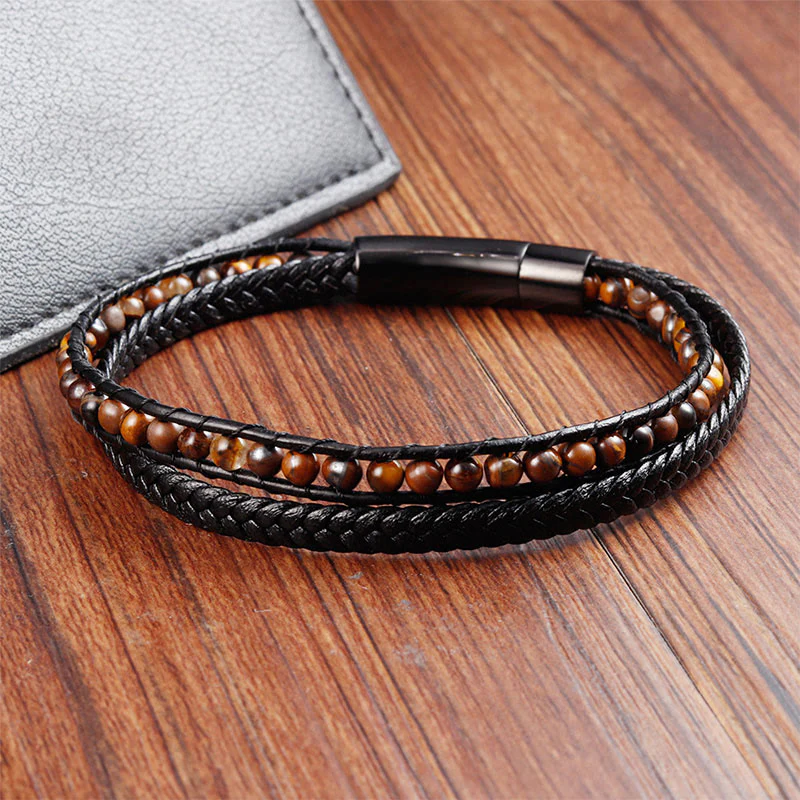 Bracciale in pelle rinforzata con protezione in acciaio al titanio e occhio di tigre Buddha Stones - Image 2