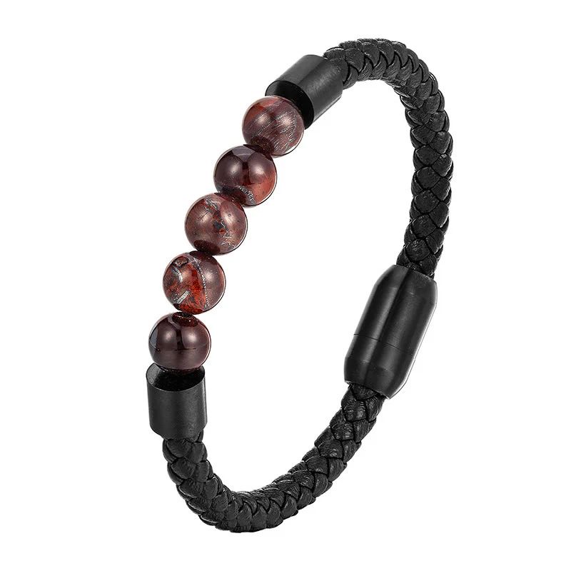 Bracciale in pelle stimolante in acciaio al titanio con occhio di tigre, pietra lavica smerigliata Buddha Stones - Image 8