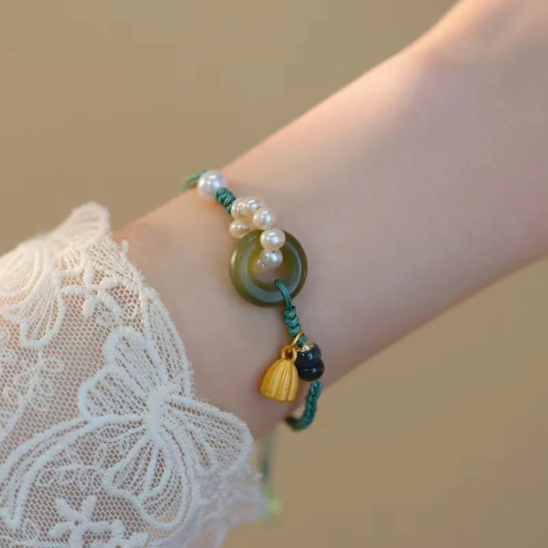 Bracciale intrecciato a mano con perle e giada naturale di Hetian, fibbia della pace, pietre Buddha Stones - Image 3