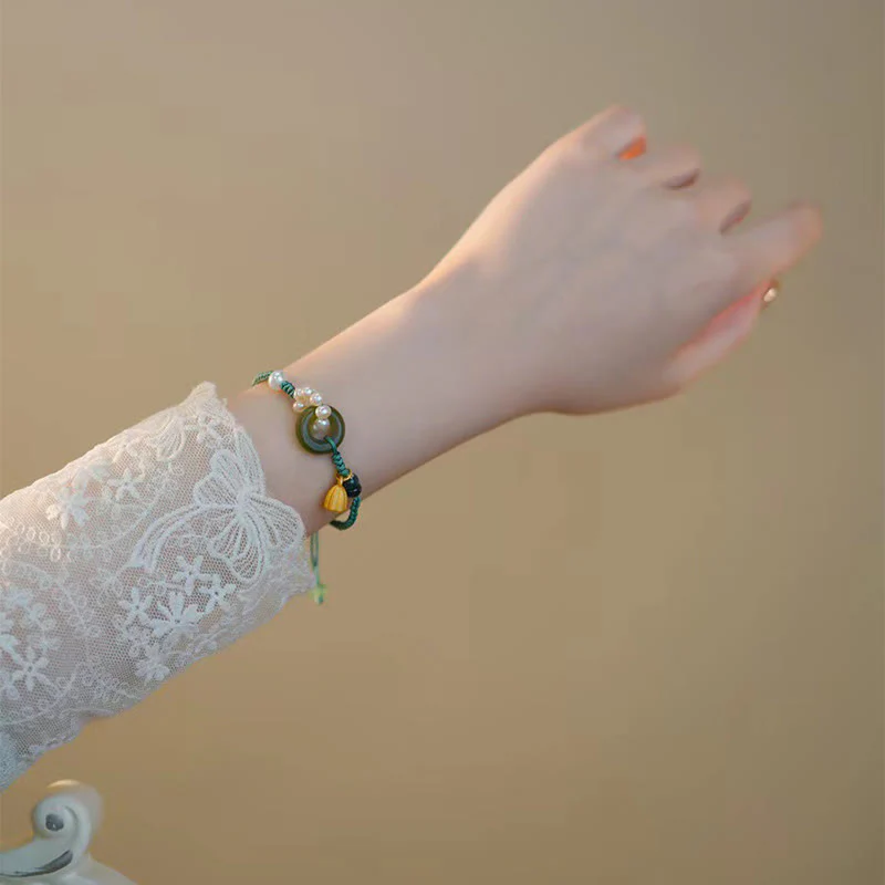 Bracciale intrecciato a mano con perle e giada naturale di Hetian, fibbia della pace, pietre Buddha Stones - Image 4