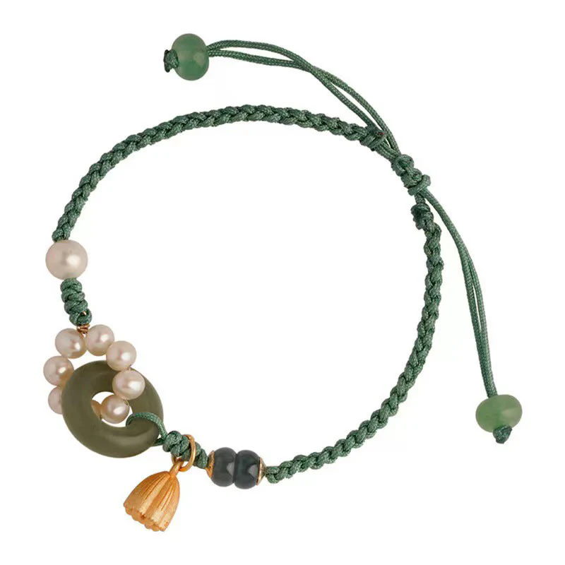 Bracciale intrecciato a mano con perle e giada naturale di Hetian, fibbia della pace, pietre Buddha Stones - Image 8
