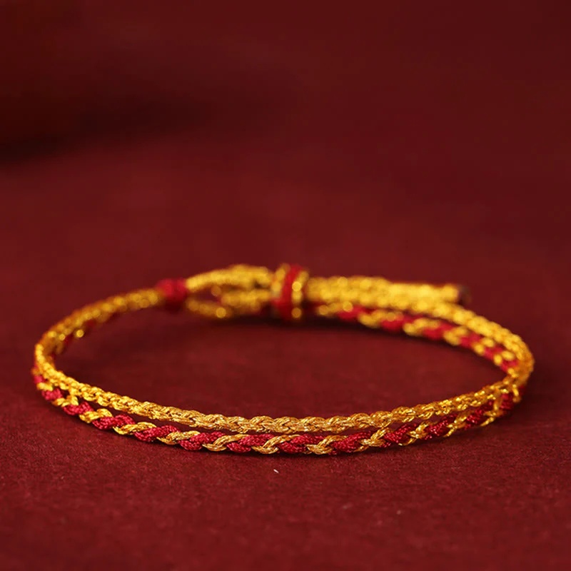 Bracciale intrecciato con Buddha Stones in oro 999 e moneta di rame a doppio giro, con cordino rosso dorato - Image 2