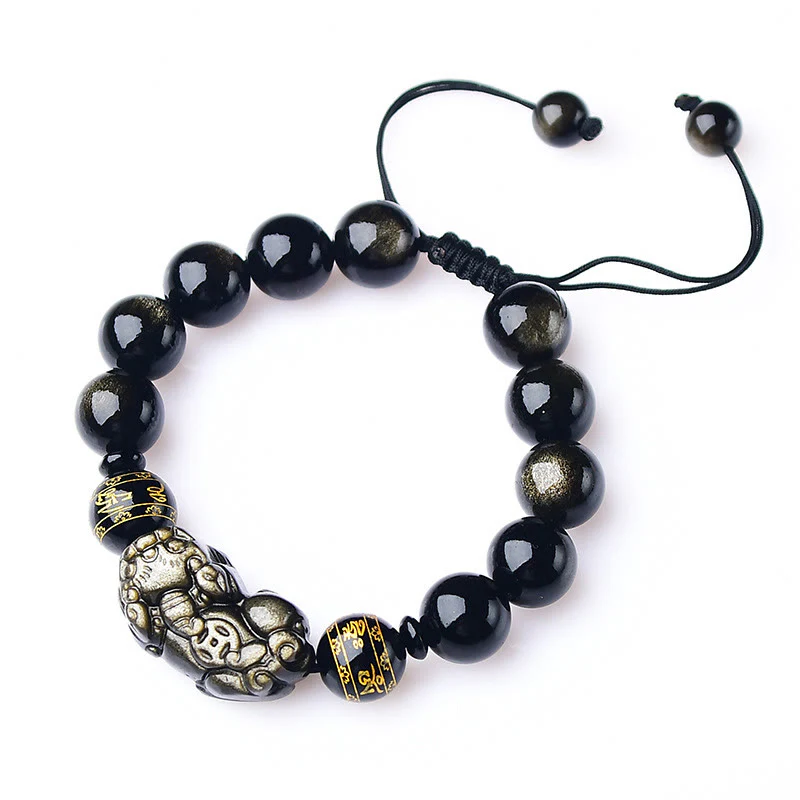 Bracciale intrecciato con Buddha Stones, lucentezza naturale dell'oro, ossidiana, PiXiu Om Mani Padme Hum, ricchezza - Image 10