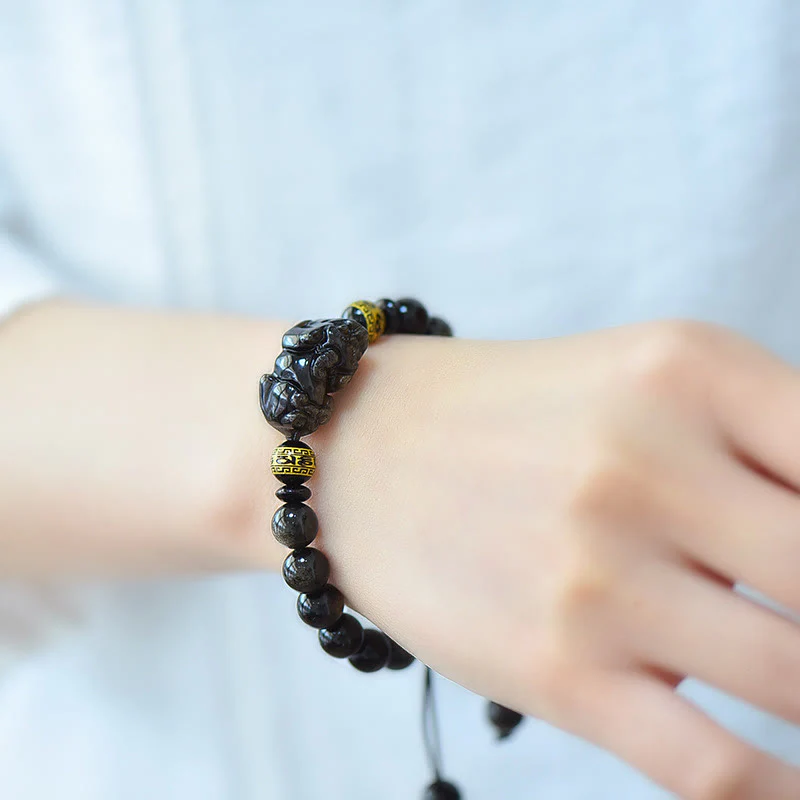 Bracciale intrecciato con Buddha Stones, lucentezza naturale dell'oro, ossidiana, PiXiu Om Mani Padme Hum, ricchezza - Image 11