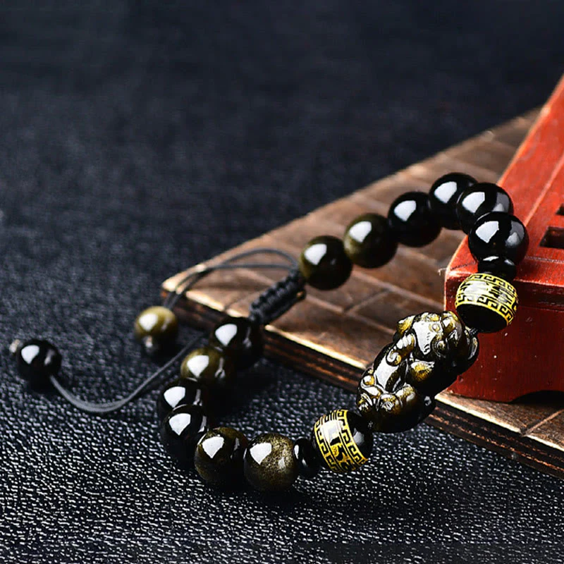 Bracciale intrecciato con Buddha Stones, lucentezza naturale dell'oro, ossidiana, PiXiu Om Mani Padme Hum, ricchezza - Image 3