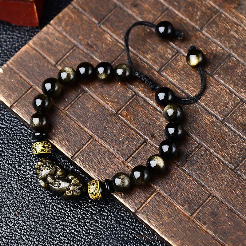 Bracciale intrecciato con Buddha Stones, lucentezza naturale dell'oro, ossidiana, PiXiu Om Mani Padme Hum, ricchezza - Image 4