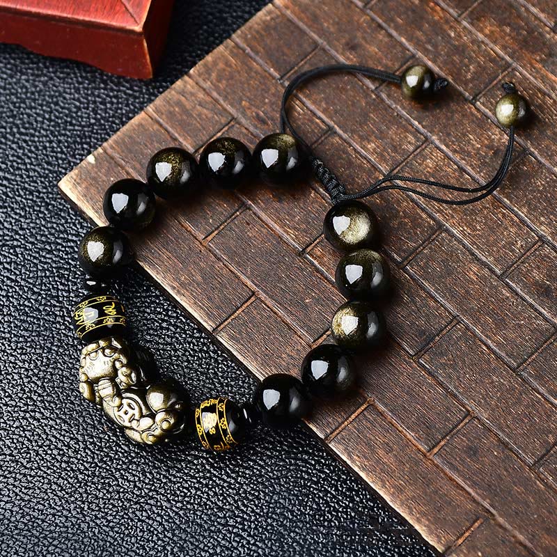 Bracciale intrecciato con Buddha Stones, lucentezza naturale dell'oro, ossidiana, PiXiu Om Mani Padme Hum, ricchezza - Image 7