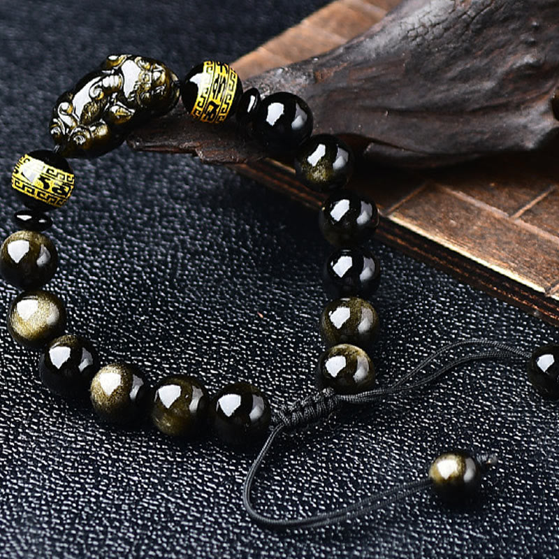Bracciale intrecciato con Buddha Stones, lucentezza naturale dell'oro, ossidiana, PiXiu Om Mani Padme Hum, ricchezza - Image 8