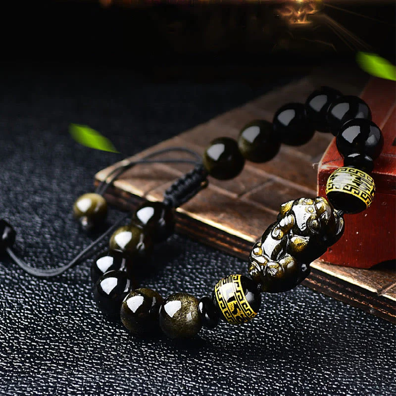 Bracciale intrecciato con Buddha Stones, lucentezza naturale dell'oro, ossidiana, PiXiu Om Mani Padme Hum, ricchezza - Image 9