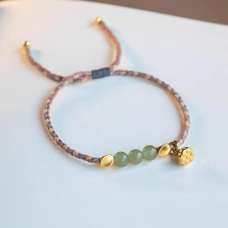 Bracciale intrecciato con ciondolo di loto in giada Hetian, fatto a mano , Buddha Stones - Image 11