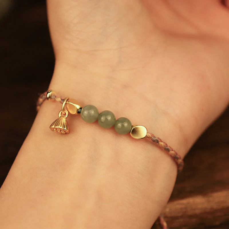Bracciale intrecciato con ciondolo di loto in giada Hetian, fatto a mano , Buddha Stones - Image 12