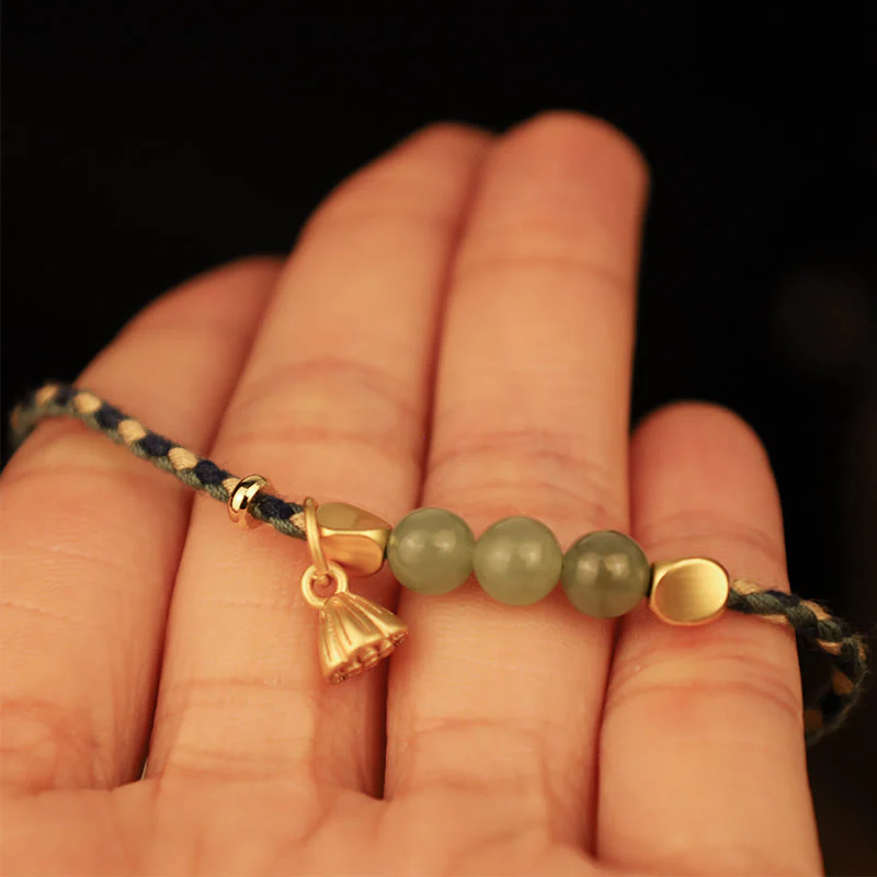 Bracciale intrecciato con ciondolo di loto in giada Hetian, fatto a mano , Buddha Stones - Image 6