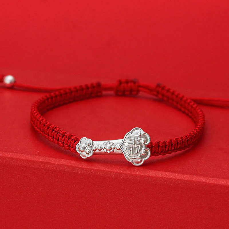 Bracciale intrecciato con cordino rosso e carattere Ruyi Fu in argento sterling 999 Buddha Stones