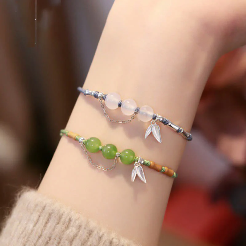 Bracciale intrecciato con perline di giada e calcedonio di Hetian, foglie di bambù, argento sterling 925, Buddha Stones - Image 3
