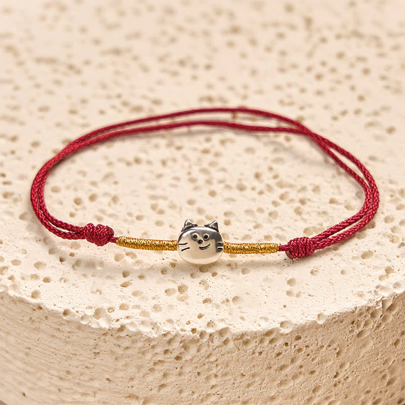 Bracciale intrecciato in corda rossa con simpatico gatto in argento sterling 925 Buddha Stones - Image 2