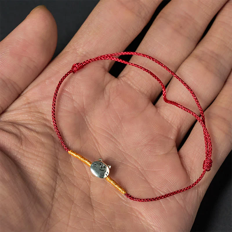 Bracciale intrecciato in corda rossa con simpatico gatto in argento sterling 925 Buddha Stones - Image 5