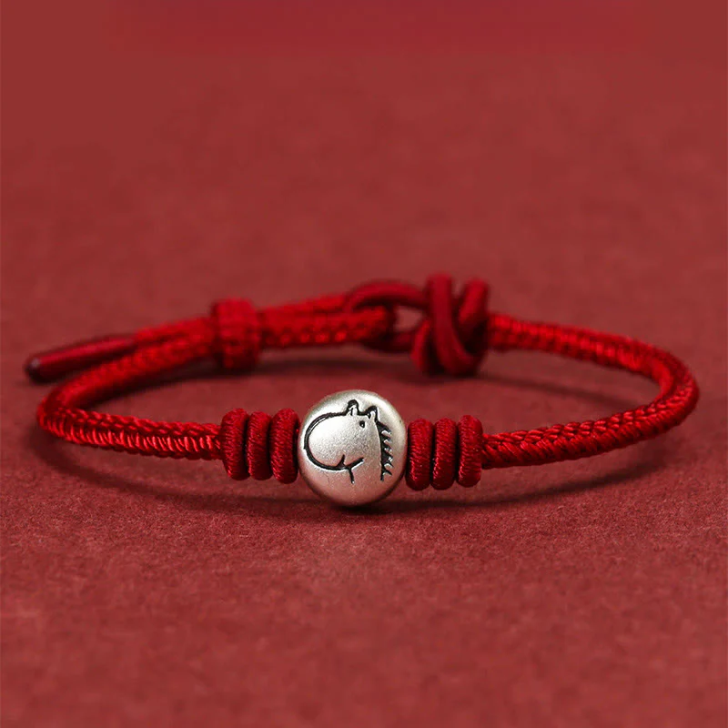 Bracciale intrecciato in corda rossa in argento sterling 999 Buddha Stones, Anno del Cavallo