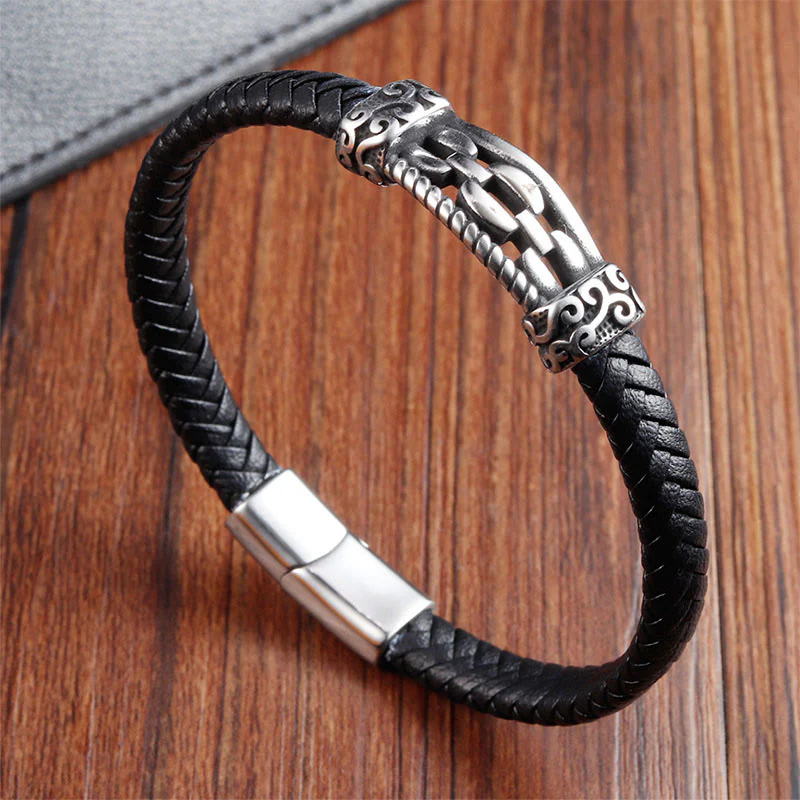 Bracciale intrecciato in pelle multistrato con design a maglie di catena in acciaio al titanio Buddha Stones - Image 11