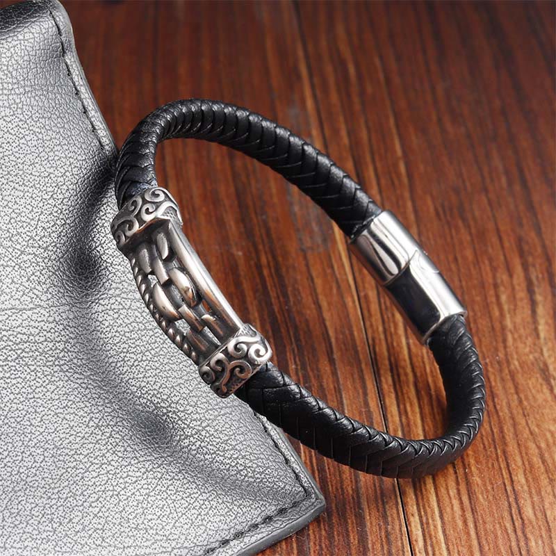 Bracciale intrecciato in pelle multistrato con design a maglie di catena in acciaio al titanio Buddha Stones - Image 12